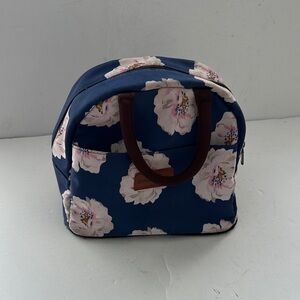 Floral Navy Dome Cosmetic Bag with Brown Handles